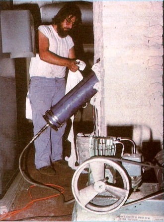 To reline a chimney with the Insulcrete system, a bladder is inserted into the flue and inflated with an air compressor.